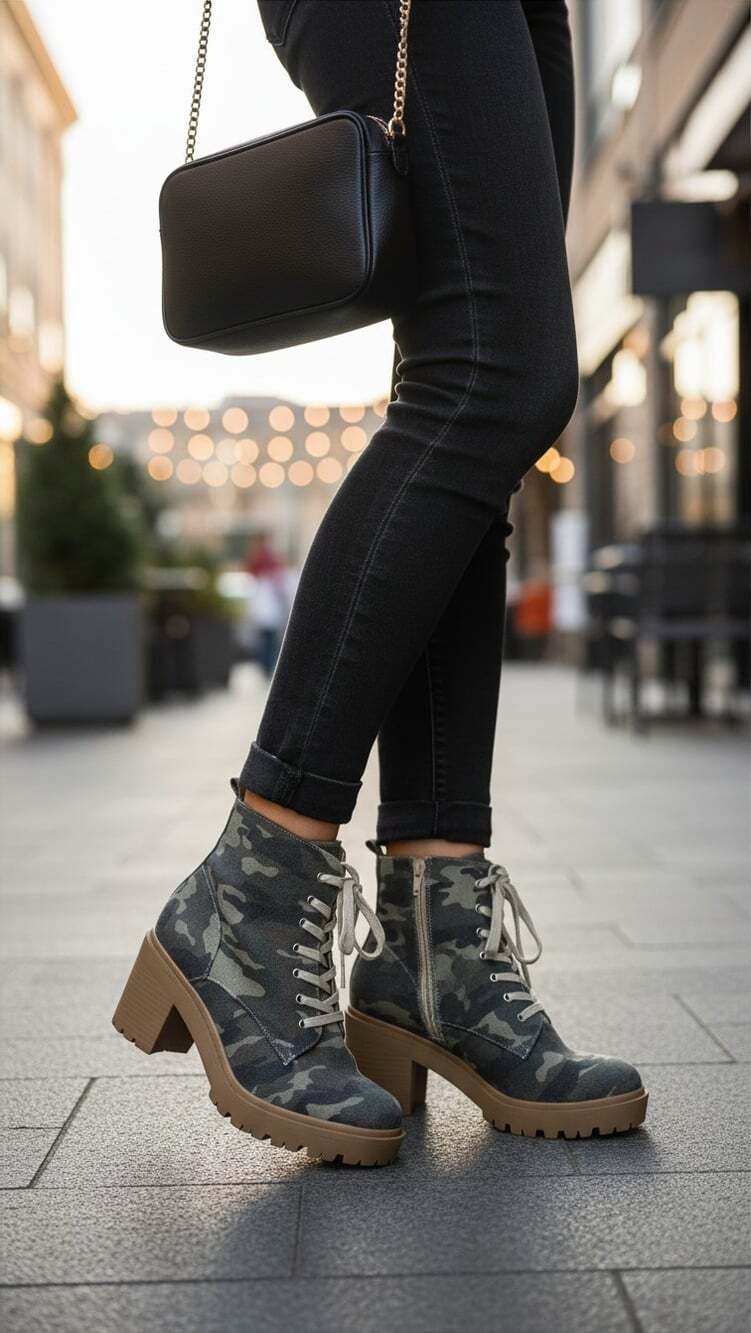 Torrid Green Camo Heeled Lug Boots lace up women’s size 12 wide